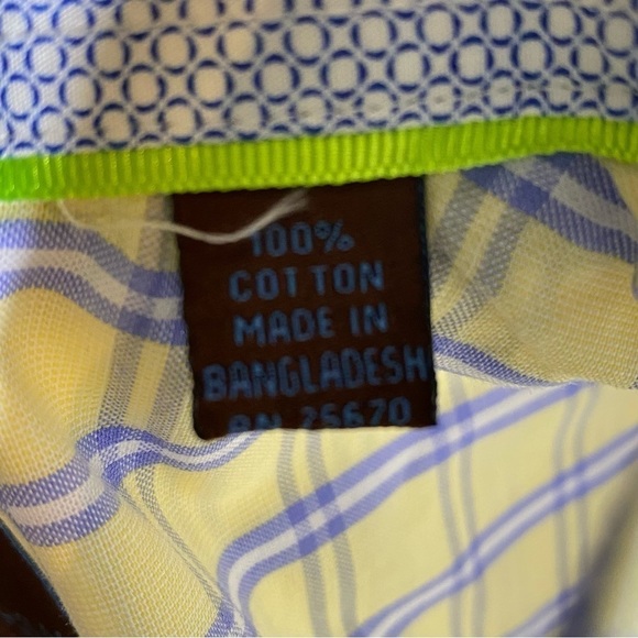 Tattersall London men's size L white yellow blue short sleeve button up shirt - Picture 7 of 7